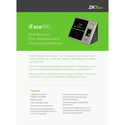 ZKTeco iFace990 Fingerprint & Face Recognition Time Attendance Terminal, 4.3" TFT Touch Screen, Multi-Biometric Verification, TCP/IP & USB Host | iFace990