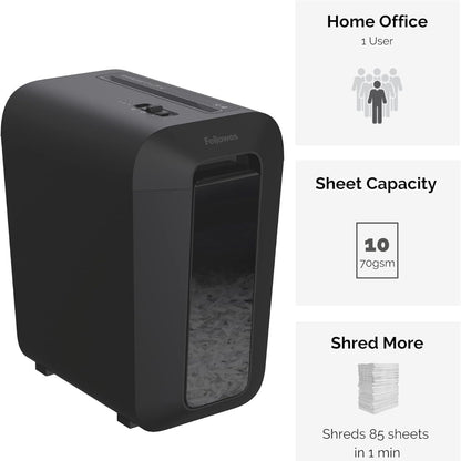 Fellowes Powershred LX65 Cross-Cut Paper Shredder | 10 Sheet Capacity | 4 x 40mm Cross-Cut Particles | SafeSense Technology | 22L Bin | Black | 4400701