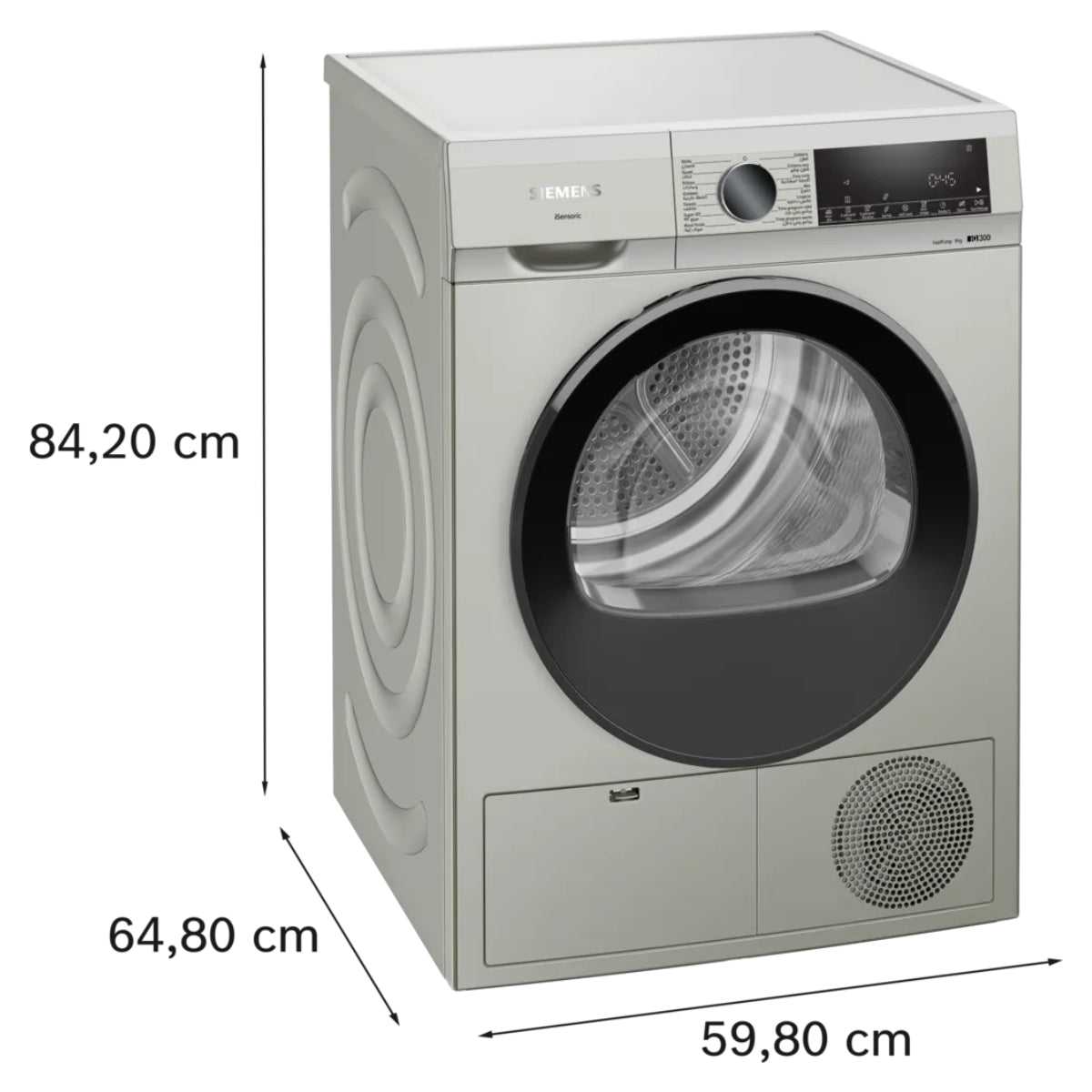 Siemens IQ300 WQ41G20XGC  9kg Heat Pump Tumble Dryer,, Auto Dry Technology, No Towels Program, Fluff Filter, Yes Anti-Vibration Walls, Anti-Crease Function, Silver Inox