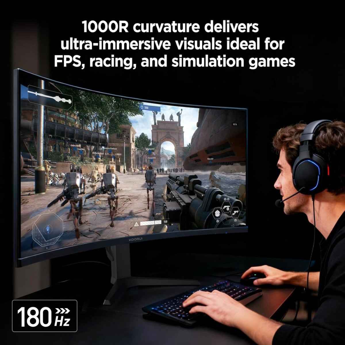 Koorui 34E6UC 34" VA WQHD Curved VA Gaming Monitor, 165Hz Refresh Rate, 21 9 Aspect Ratio, 1ms Refresh Rate, FreeSync/G-Sync Technology, VESA Compatible, Black | 34E6UC