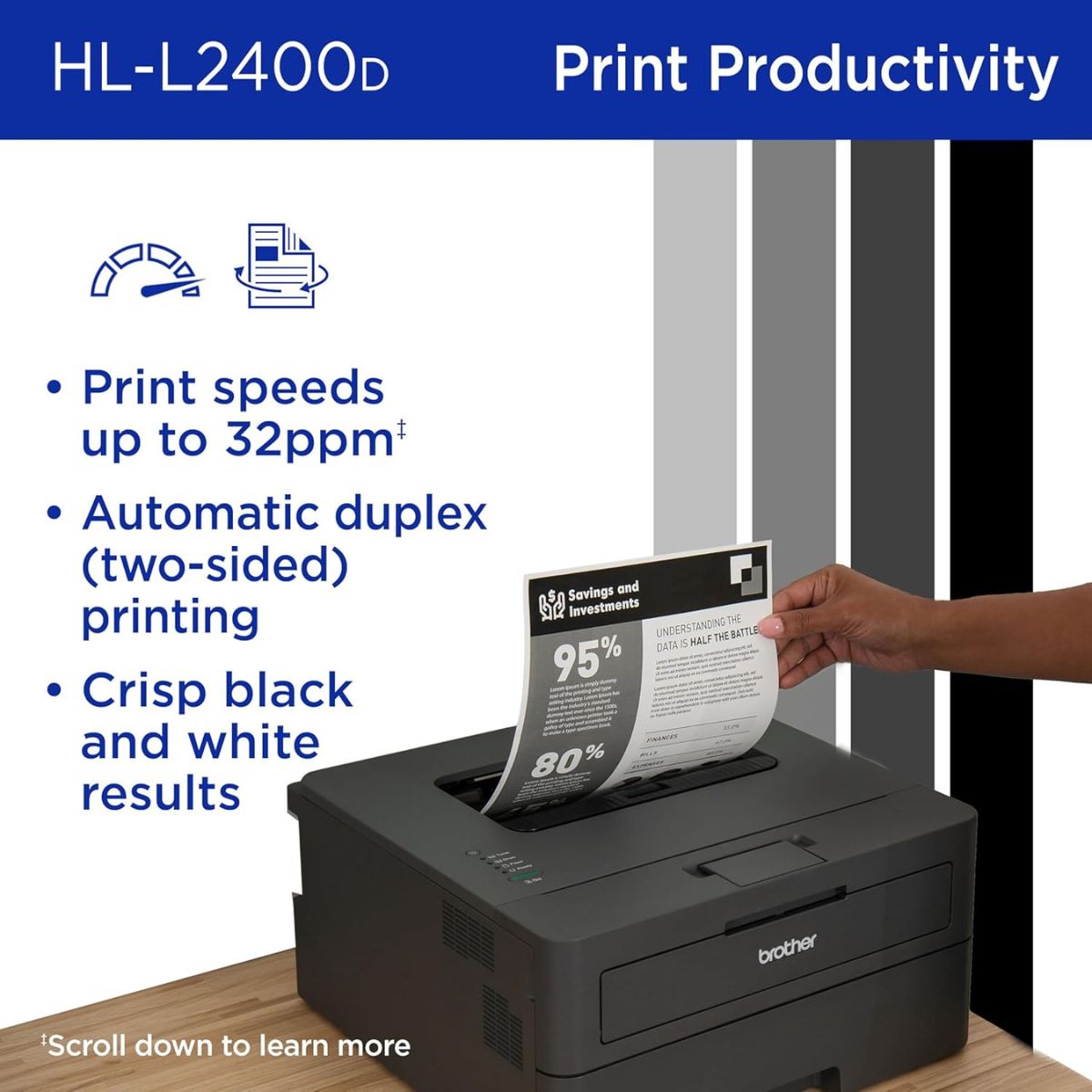 Brother HL-L2400D Compact Mono Laser Printer, Automatic Duplex Printing, Up to 30/32 ppm, USB Connectivity, Black | HL-L2400D