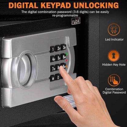 Rubik Small Safe Box with Digital Keypad & Key Lock – 20x31x20cm, Black, White