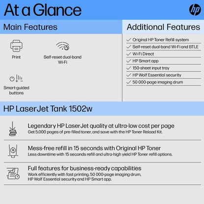 HP LaserJet Tank 1502w Printer – 22ppm Monochrome Laser Printing, Wireless Connectivity, Refillable Toner System | 2R3E2A