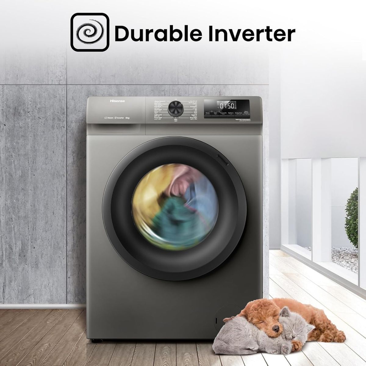 Hisense WFQP8012JTS Front Load Washing Machine, 8kg Capacity, Inverter Motor, 15 Wash Programs, 1200 RPM Spin Speed, Steam Care, White