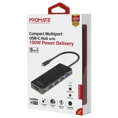 Promate PrimeHub-Go 9-in-1 USB-C Hub | 100W Power Delivery | Compact Multiport Adapter