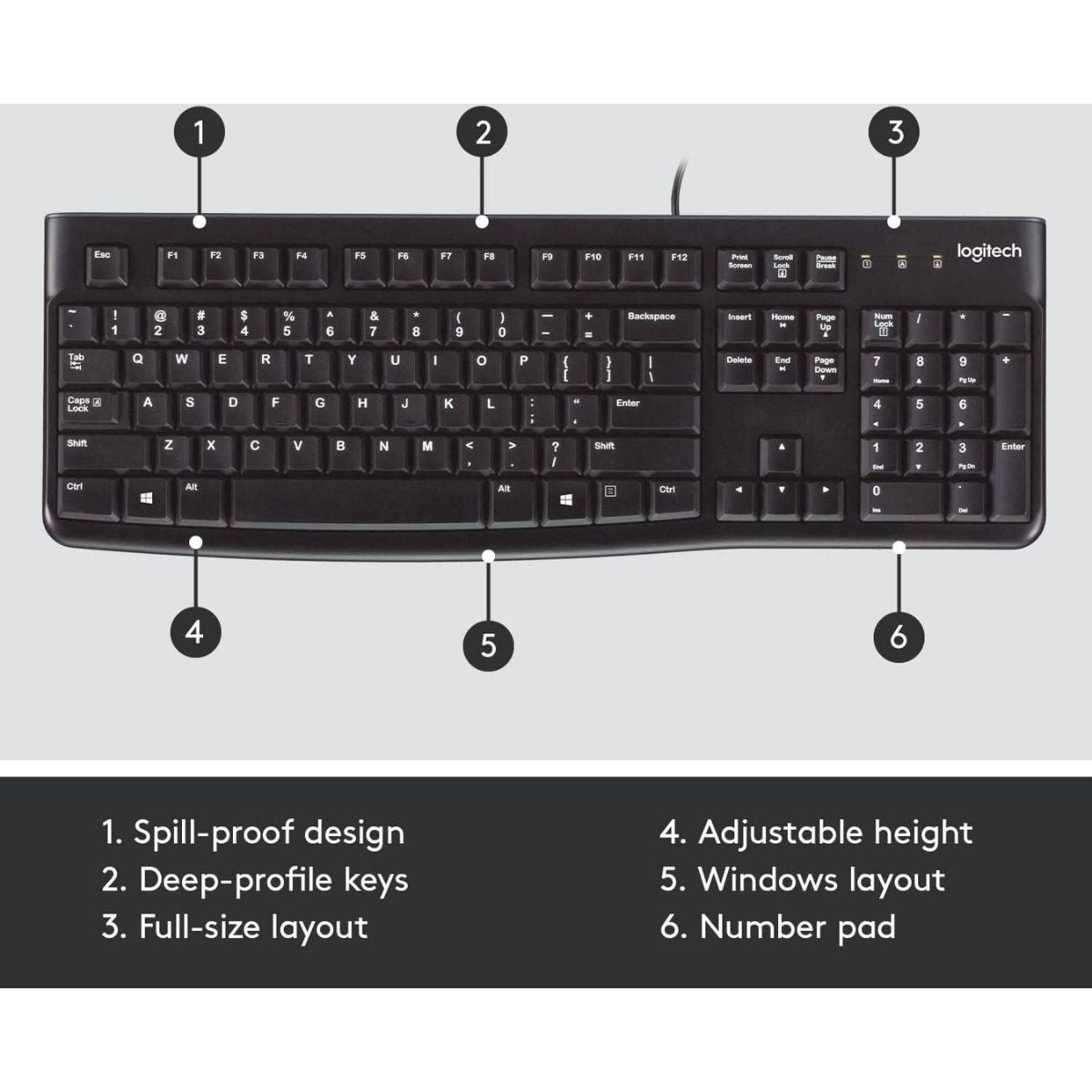 Logitech K120 Business Wired Keyboard | USB Plug-and-Play | Full-Size Keyboard | Spill-Resistant Design | English/Arabic Layout | Windows &amp; Linux Compatible | Black