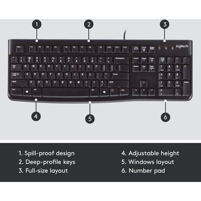 Logitech K120 Business Wired Keyboard | USB Plug-and-Play | Full-Size Keyboard | Spill-Resistant Design | English/Arabic Layout | Windows &amp; Linux Compatible | Black