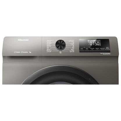 Hisense WFQP7012T Front Load Slim Washing Machine, 7kg Capacity, Inverter Motor, 1200 RPM Spin Speed, Steam Care, Quick Wash, Titanium Grey