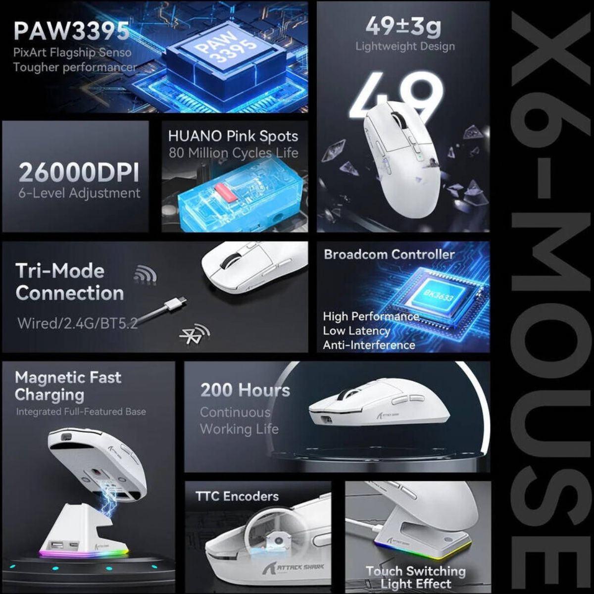 ATTACK SHARK X6 Wireless Gaming Mouse | PAW3395 | 26,000 DPI | 650 IPS | Tri-Mode | Charging Dock