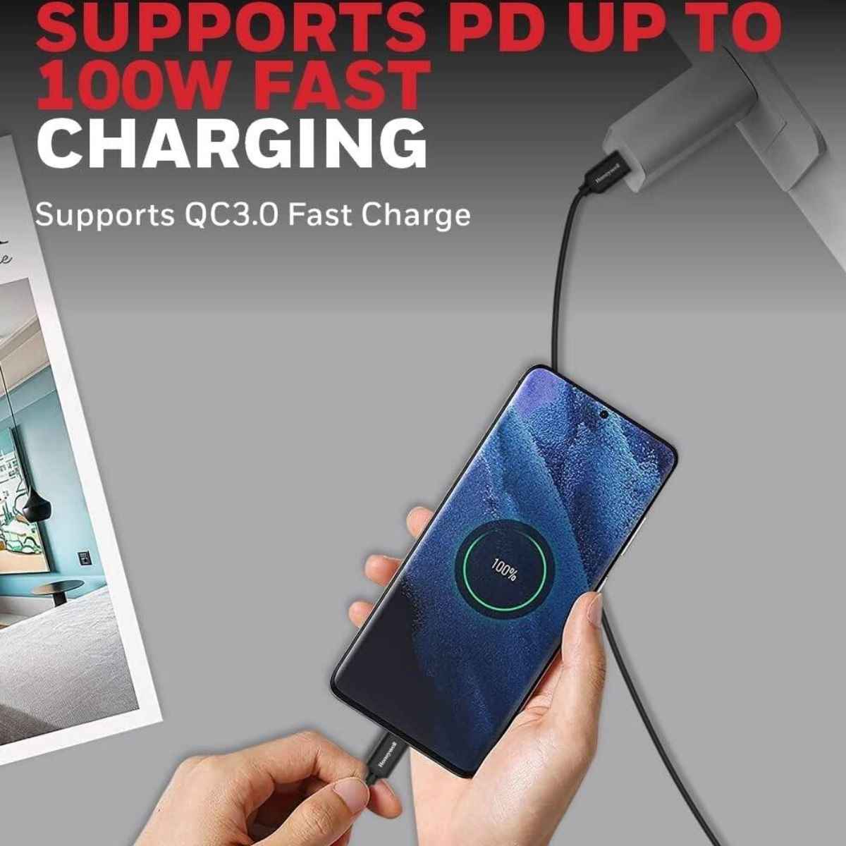 Honeywell Type C USB 3.1 Cable, PD 100W, QC 3.0, 1.8 Mtr, Fast Charge & Ultra Soft Silicone Sync Cable, Black