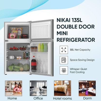 Nikai 135 Liter Double Door Small Refrigerator NRF135DDS, With Adjustable Thermostat, 250V Power, Defrost Cooling, Power Saving Silent & Reliable Compressor