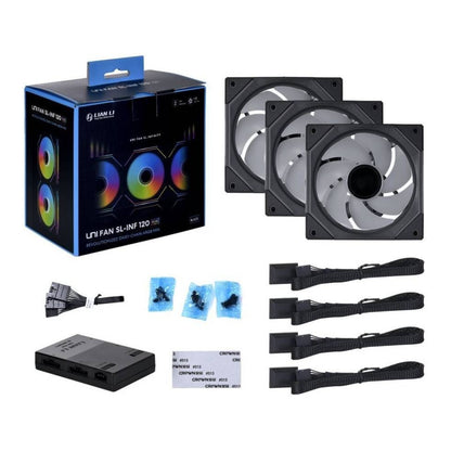 Lian Li SL-Infinity 120 RGB UNI Fan – Infinity Mirror Design, 2100 RPM, 61.3 CFM Airflow, Triple Pack with Controller | Black / White