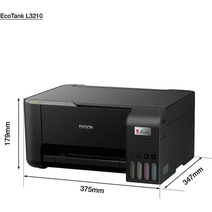 Epson EcoTank L3210 A4 All-in-One Ink Tank Printer, 5760 x 1440 dpi Resolution, Print/Scan/Copy, Up to 33.0 ppm Print Speed, 180 x 1 Nozzles, Spill Free, Error Free Refilling, USB, Black | C11CJ68405
