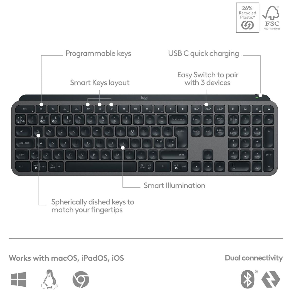 Logitech MX Keys S Wireless Keyboard | Low Profile | Backlit | Bluetooth | USB-C | Programmable Keys | AR Layout | Graphite | 920-011595