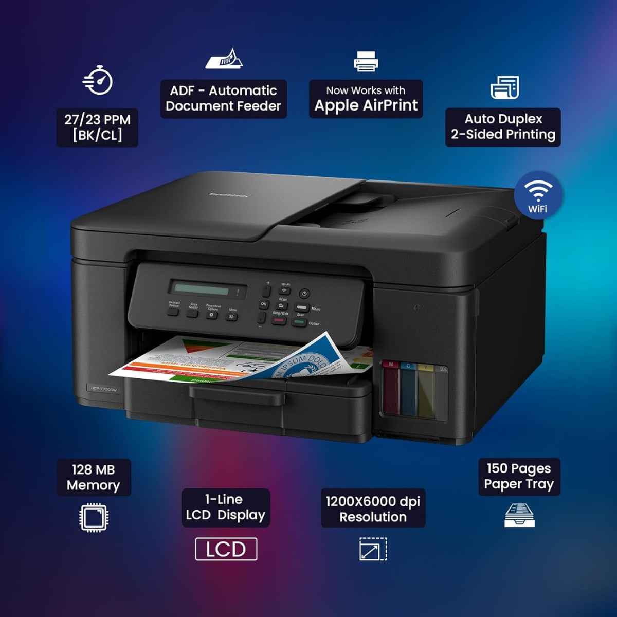 Brother DCP-T730DW Ink Tank Printer, Up to 1200 x 6000 DPI, 16 IPM Print Speed, Auto 2 Sided (Duplex) Printing, 20 Sheets Auto-Document Feeder, WiFi, WiFi-Direct, USB 2.0, Black | DCP-T730DW