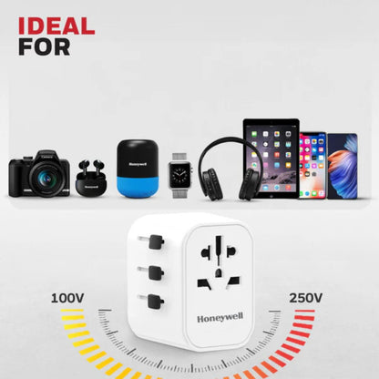 Honeywell Universal World Travel Adapter (EU,US,UK & CN) with 2xUSB-A Ports (12W), 1xType-C PD 30W Port, White