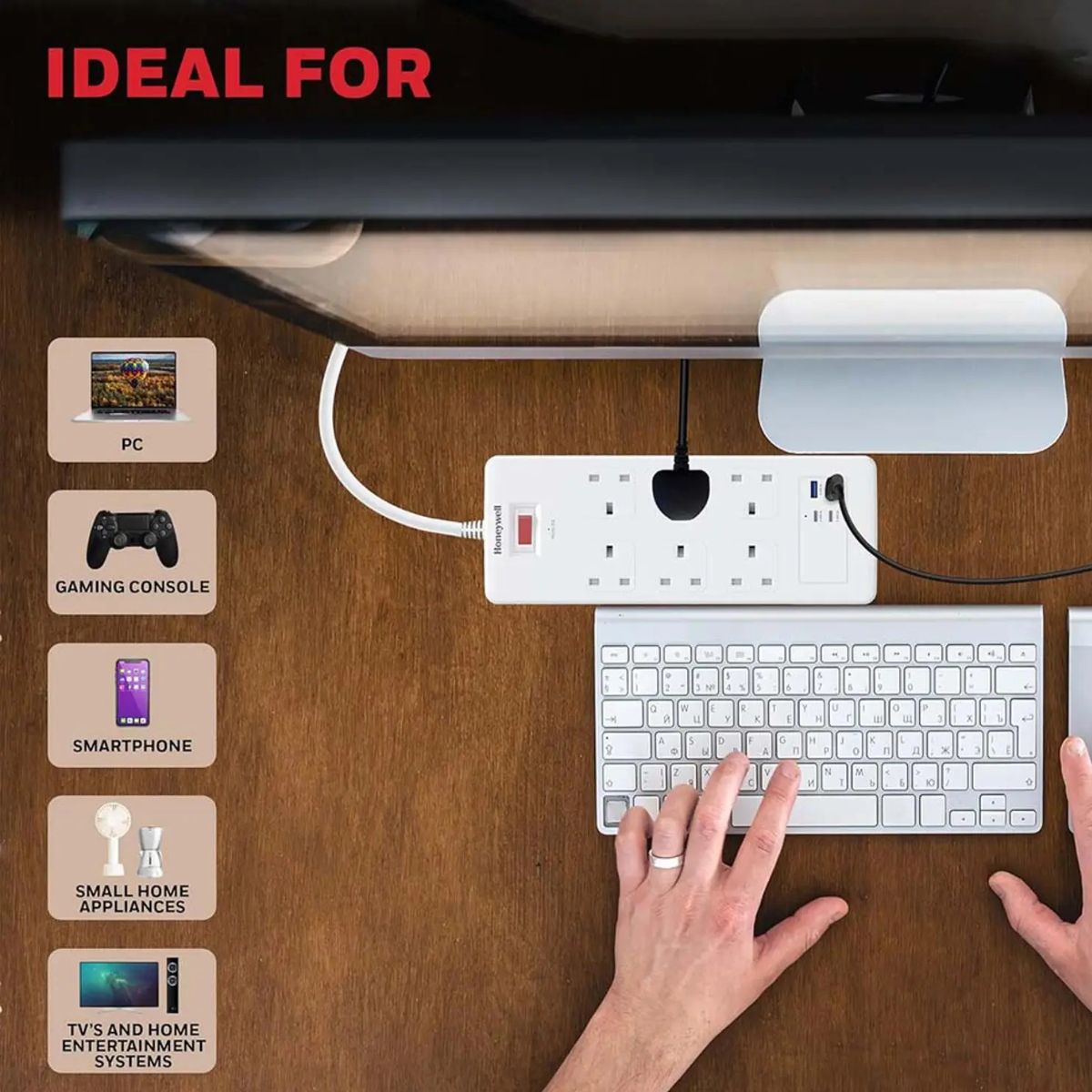 Honeywell Surge Protector - 6 Universal Sockets, 2xPD 20W & 2xUSB, 1.8 Meter Cord, White