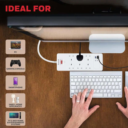 Honeywell Surge Protector - 6 Universal Sockets, 2xPD 20W & 2xUSB, 1.8 Meter Cord, White