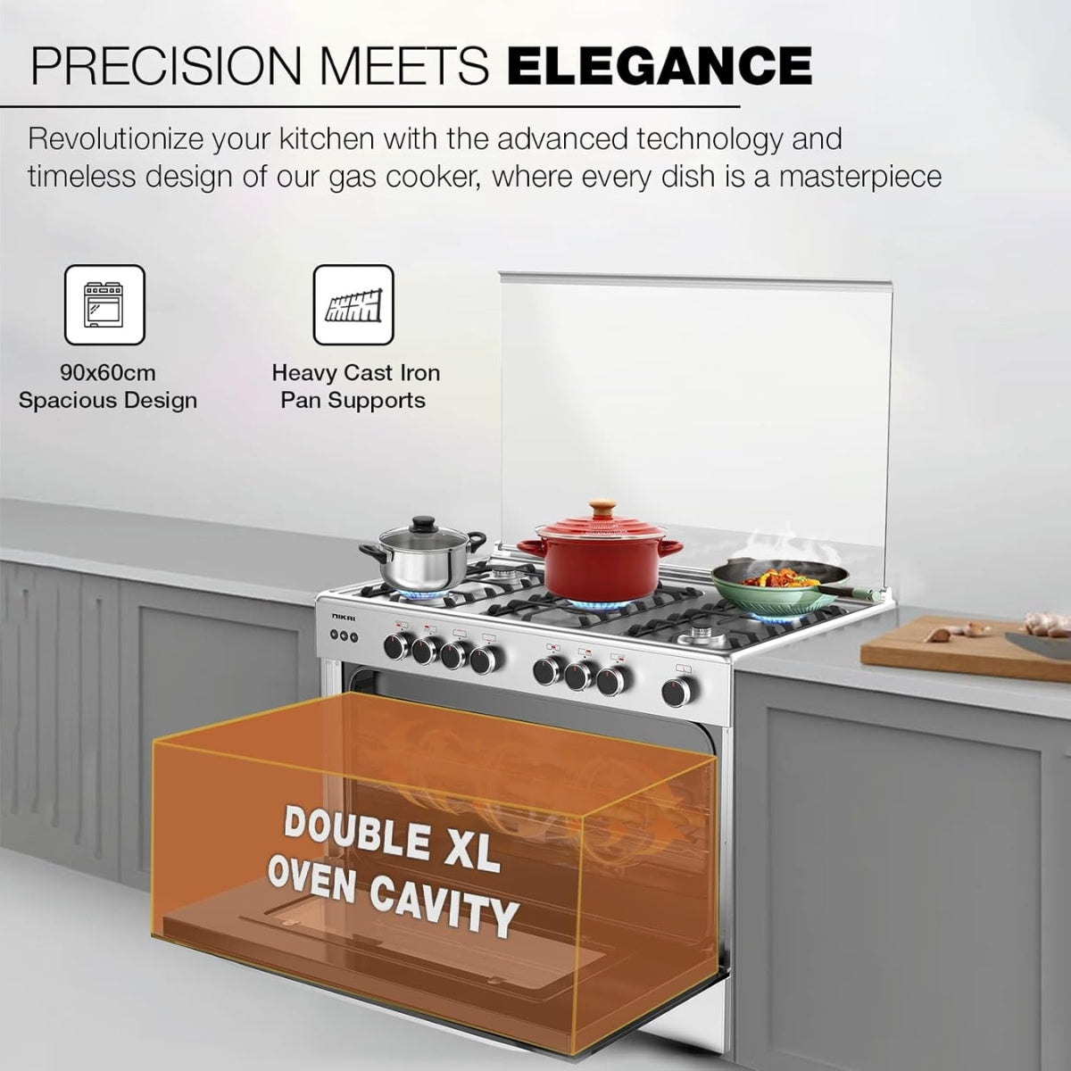 Nikai Free Standing Gas Cooker, Original Italian 5 Cup Burner, Full Auto Ignition, Original Italian Grill Burners, Double Glass Oven Door, Top And Glass Lid, Silver | U6090EG