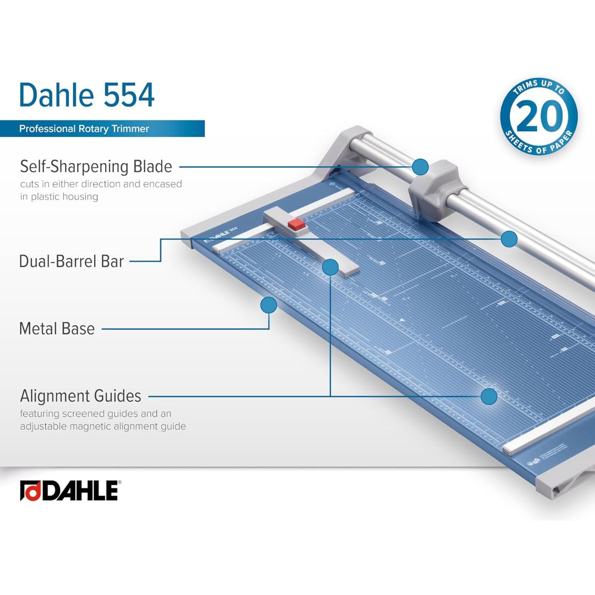 Dahle 554 Professional Rotary Trimmer | 71.1 cm Cut Length | 20 Sheet Capacity | Self-Sharpening | Dual Guide Bar | Automatic Clamp | German Engineered | DHL 00554-15002