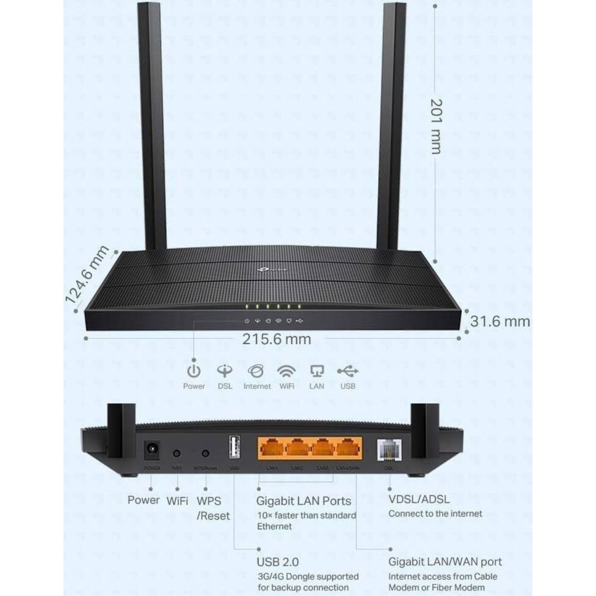 TP-Link Archer VR400 AC1200 Wireless MU-MIMO VDSL/ADSL Modem Router | Dual-Band 867 Mbps | Gigabit Ports | Beamforming | Black