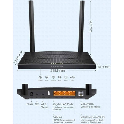 TP-Link Archer VR400 AC1200 Wireless MU-MIMO VDSL/ADSL Modem Router | Dual-Band 867 Mbps | Gigabit Ports | Beamforming | Black