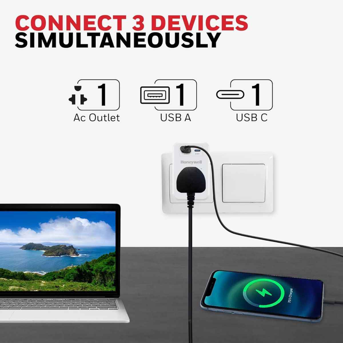 Honeywell 3 Out Surge Cube, Spike Guard, 1 Outlet, PD20W & USB A Port, 255 Joules