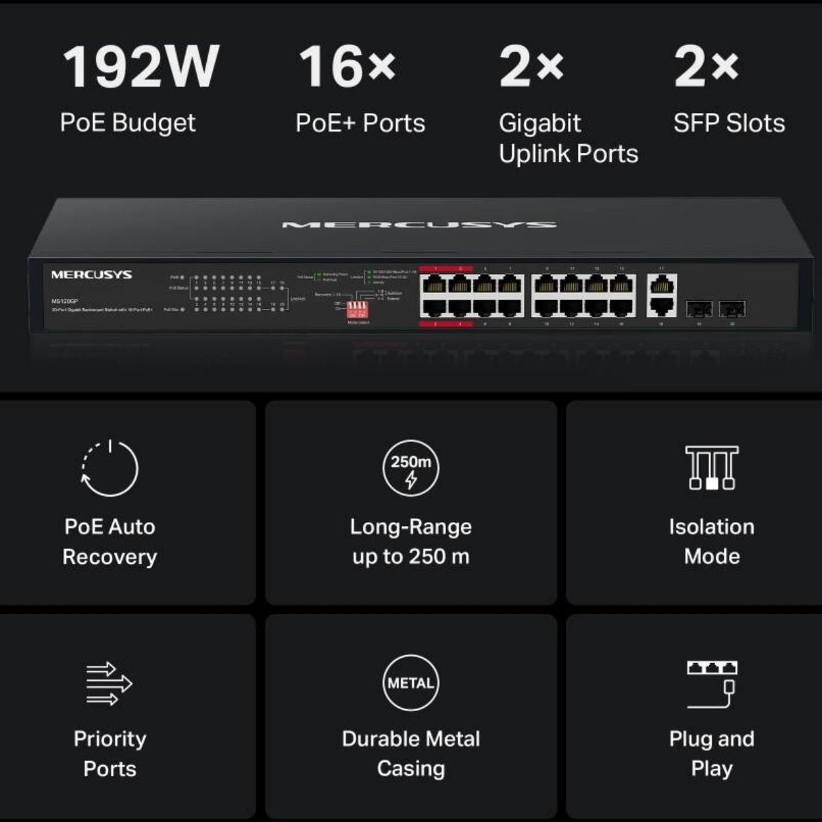 MERCUSYS MS120GP 20-Port Gigabit PoE+ Rackmount Switch | 16 PoE+ Ports | 192W Power Budget | 2 Gigabit RJ45 Ports | 2 SFP Slots | 802.3af/at