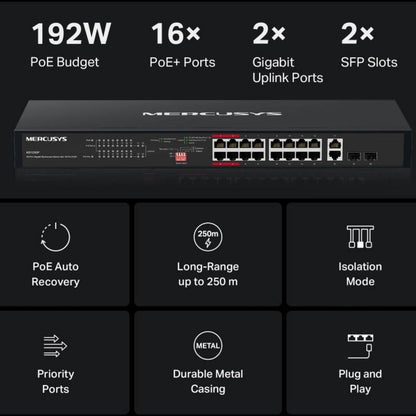 MERCUSYS MS120GP 20-Port Gigabit PoE+ Rackmount Switch | 16 PoE+ Ports | 192W Power Budget | 2 Gigabit RJ45 Ports | 2 SFP Slots | 802.3af/at