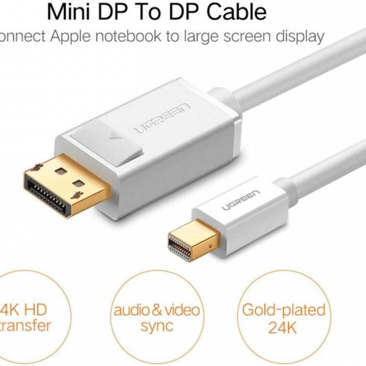 UGREEN 10477 Mini DisplayPort Male to DisplayPort Male Converter Cable | 8.64Gbps | 2560×1600 @ 60Hz | Gold-Plated | 1.5M | Black