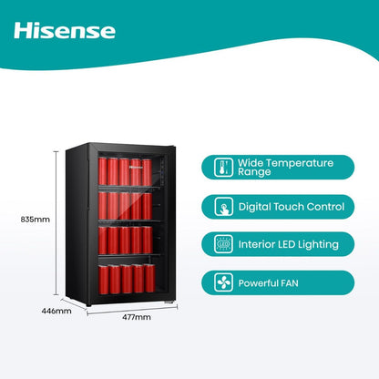 Hisense 122 Liter Chiller Single Door Beverage Cooler, Color Black, With LED Light, Digital Touch Control, Glass Door, Model RBC122N4ASU