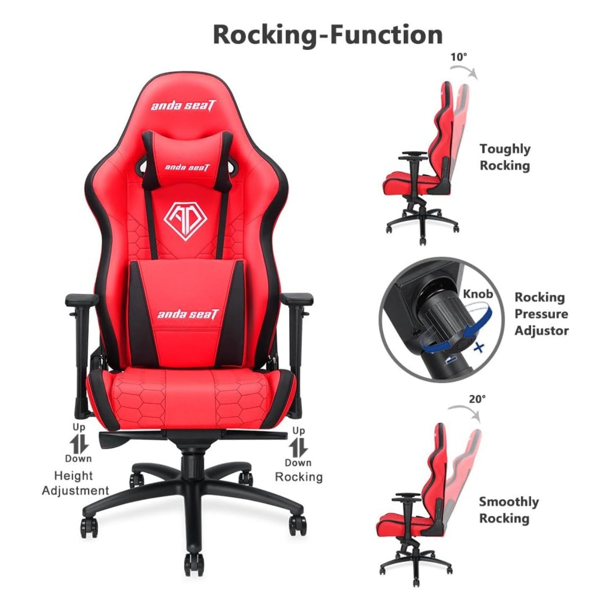 AndaSeat Spirit King Series Gaming Chair, Armrest 3D frog tray big lumbar pillow headrest pillow 65mm casters black aluminum base - Red & Black