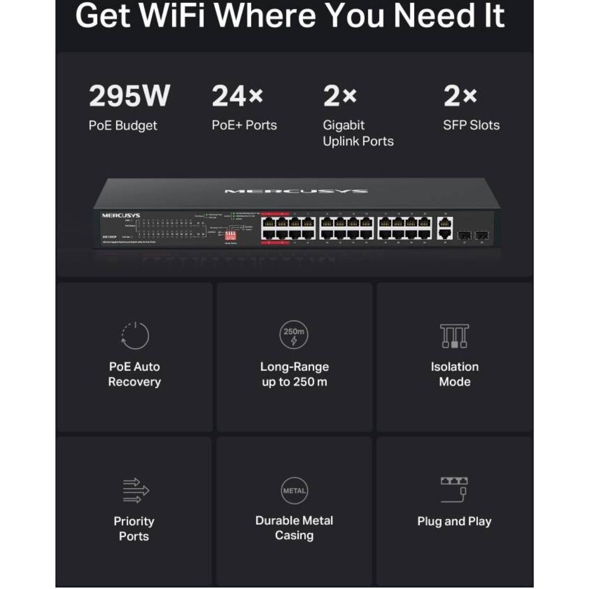 MERCUSYS MS128GP 28-Port Gigabit PoE+ Rackmount Switch | 24 PoE+ Ports | 295W Power Budget | 2 Gigabit Uplinks | 2 SFP Slots | 802.3af/at | 56Gbps