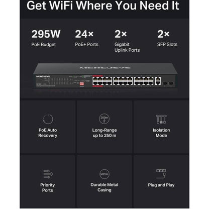 MERCUSYS MS128GP 28-Port Gigabit PoE+ Rackmount Switch | 24 PoE+ Ports | 295W Power Budget | 2 Gigabit Uplinks | 2 SFP Slots | 802.3af/at | 56Gbps