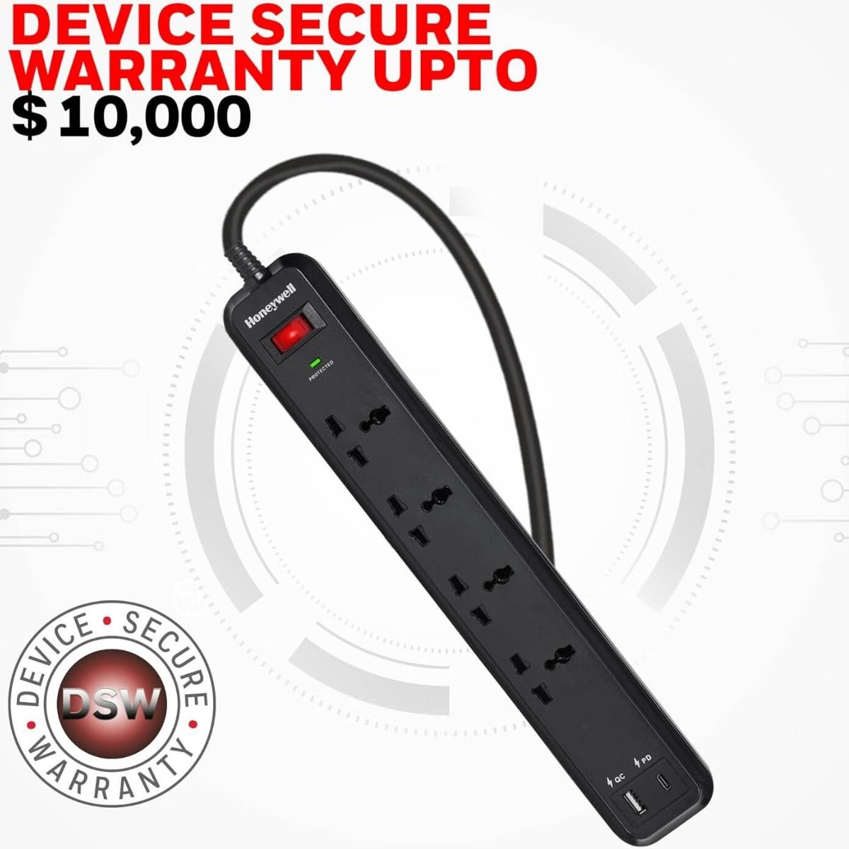 Honeywell Surge Protector, 4 Universal Sockets, 1× USB &amp; 1× PD 18W USB-C Port, 2 Meter Cable, Black | HC000022/SRG/2M/BLK/4/USB/PD18W/UK (Without Box)