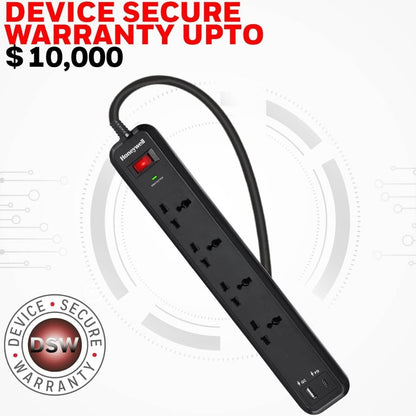 Honeywell Surge Protector, 4 Universal Sockets, 1× USB &amp; 1× PD 18W USB-C Port, 2 Meter Cable, Black | HC000022/SRG/2M/BLK/4/USB/PD18W/UK (Without Box)