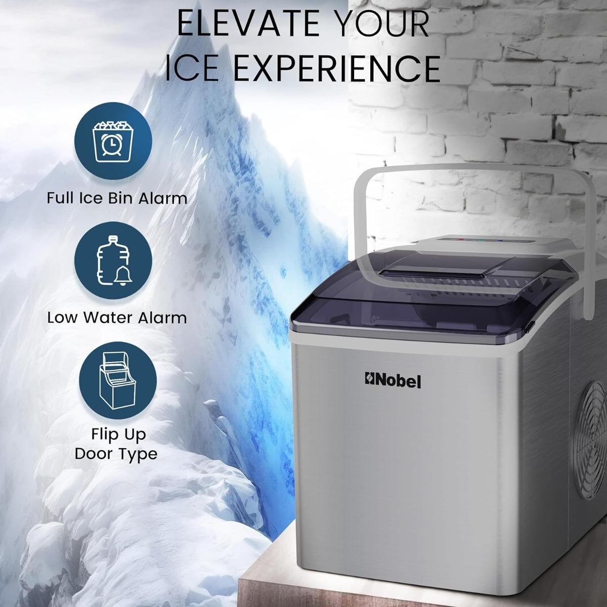 Nobel Ice Cube Maker 10-12kgs/24 Hrs Ice Making Capacity with 9pcs Ice in 8 Minutes Per Cycle|1.3 L Water Container Capacity with LED Indicator 150 W NIM13S Silver