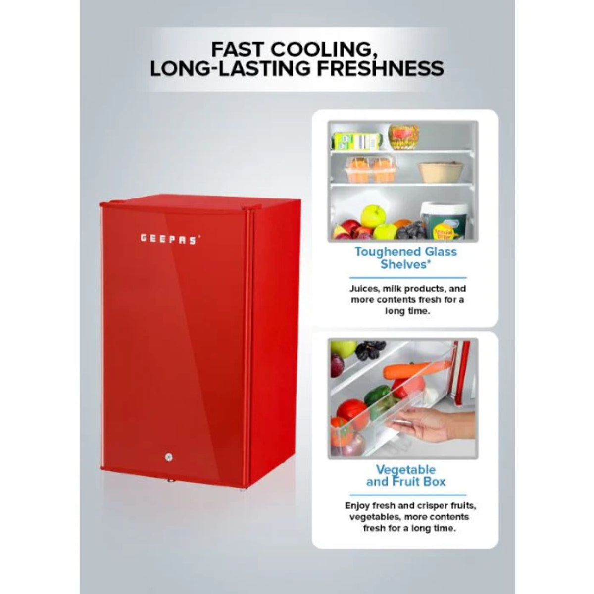 Geepas Single Door Mini Defrost Red Refrigerator GRF1202RXE, Mini Fridge, Retro Design, Low Noise, Low Voltage, Quick Cooling, Easy Cleaning