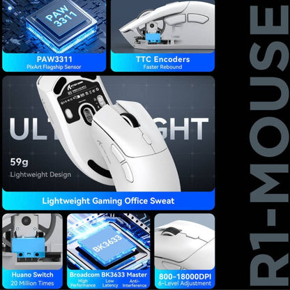 ATTACK SHARK R1 Wireless Gaming Mouse | 18,000 DPI | PAW3311 | Tri-Mode Bluetooth 5.2 & 2.4G | 59g | ASR1-BL