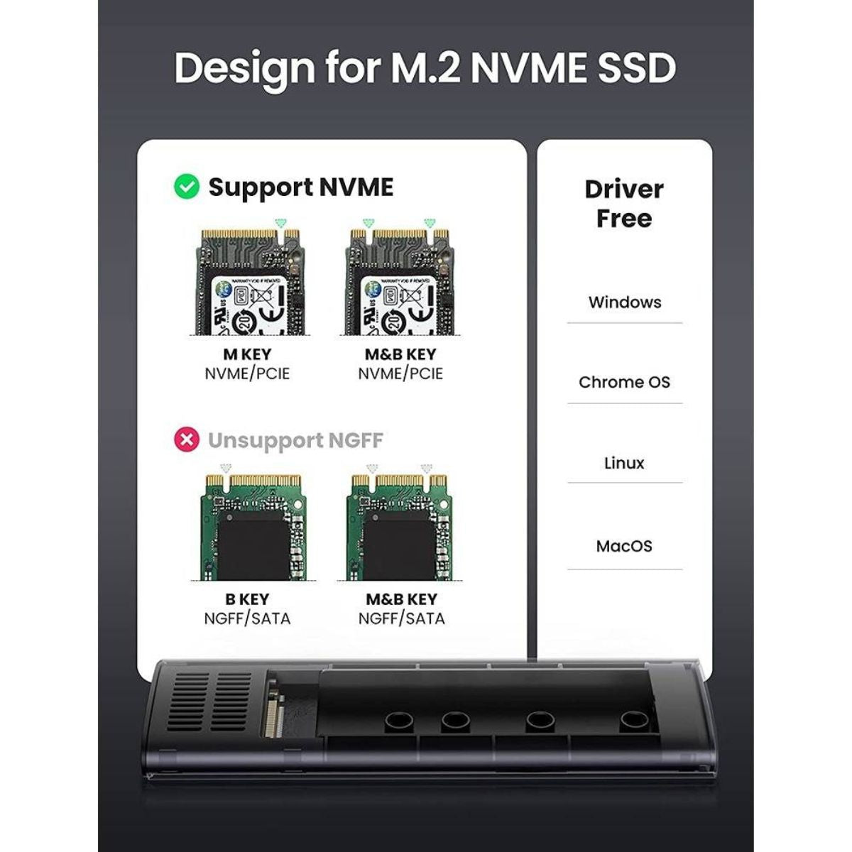 UGREEN M.2 NVMe SSD Enclosure Adapter, USB-C 3.1 Gen 2, 10Gbps, Aluminum External NVMe PCIe M-Key SSD Enclosure, Gray | 10902