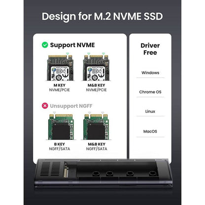 UGREEN M.2 NVMe SSD Enclosure Adapter, USB-C 3.1 Gen 2, 10Gbps, Aluminum External NVMe PCIe M-Key SSD Enclosure, Gray | 10902