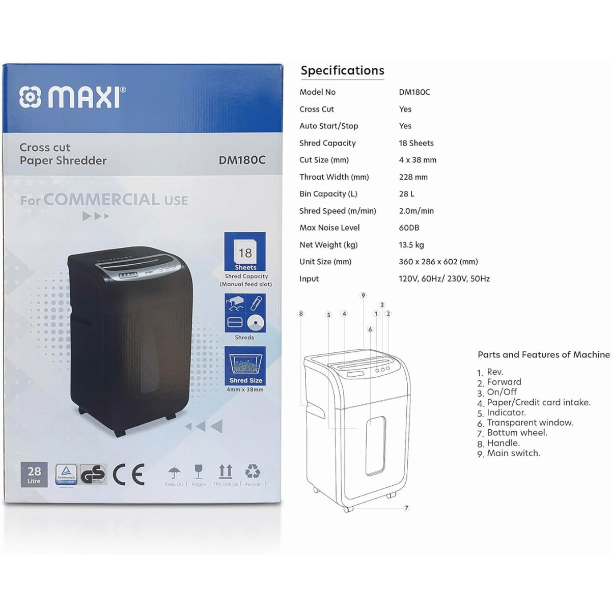 Maxi Cross Cut Shredder MX-DM180C – High Security Cross-Cut, 18-Sheet Capacity, 4×35mm Shred Size, 28L Bin, P-4 Security Level, Black