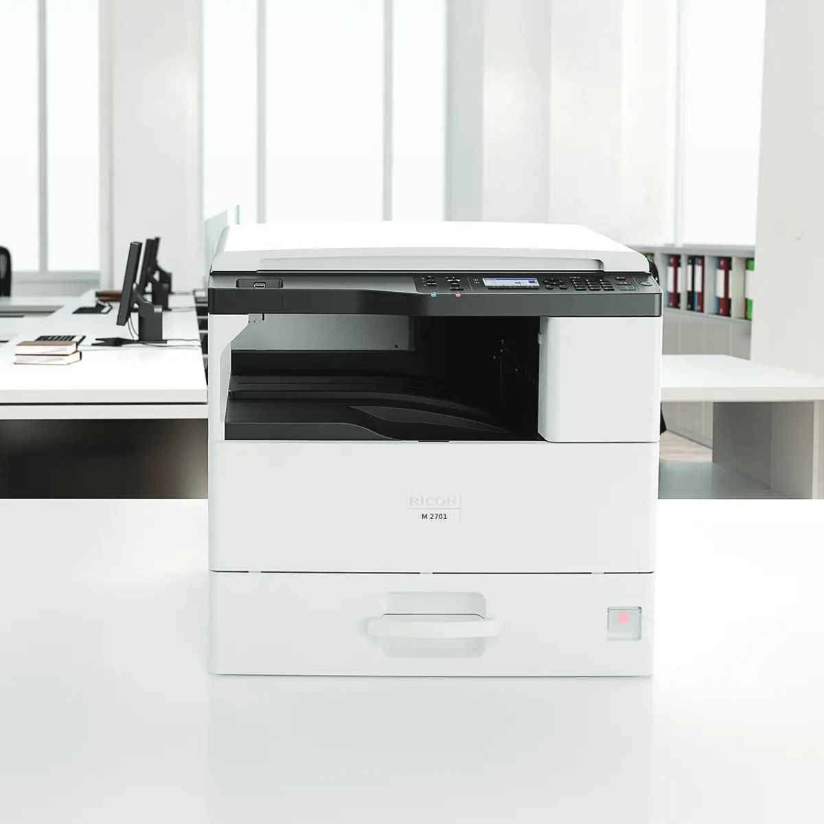 Ricoh M 2701 A3 Black & White Multi-Function Laser Printer, Copy, Print, Scan, 4-Line LCD Operation Panel, Prints Up to 27 ppm Speed, 600 x 600 dpi Resolution, 600 Standard Input Sheet, White | M 2701