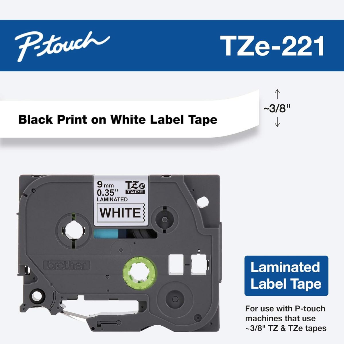 Brother TZe-221 Laminated Tape for P-Touch Labelers, 8m x 9mm, Black on White