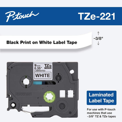 Brother TZe-221 Laminated Tape for P-Touch Labelers, 8m x 9mm, Black on White