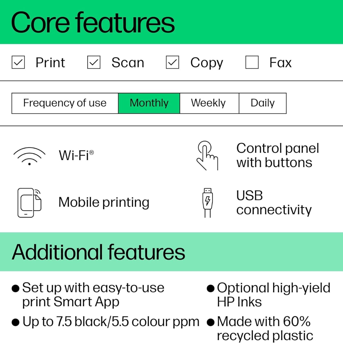 HP DeskJet Ink Advantage 2875 AIO Printer, Print, Copy, Scan, Up to 7.5ppm Print Speed, 1200 x 1200 DPI Print Resolution, Contact Image Sensor Scan Technology, White | 60K47C