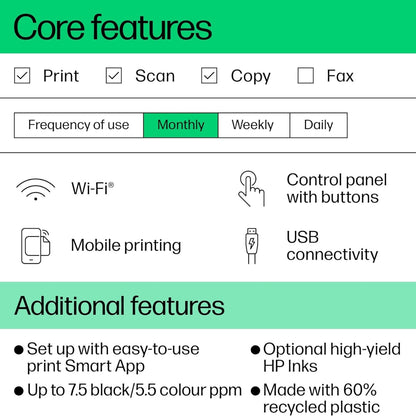 HP DeskJet Ink Advantage 2875 AIO Printer, Print, Copy, Scan, Up to 7.5ppm Print Speed, 1200 x 1200 DPI Print Resolution, Contact Image Sensor Scan Technology, White | 60K47C