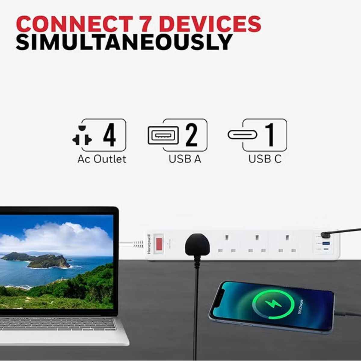 Honeywell Surge Protector - 4 Universal Sockets, 1xPD 20W & 2xUSB, 1.8 Meter Cord, White