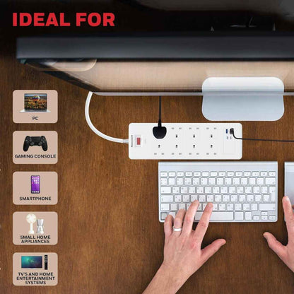 Honeywell Surge Protector - 8 Universal Sockets, 2xPD 20W & 2xUSB, 1.8 Meter Cord, White