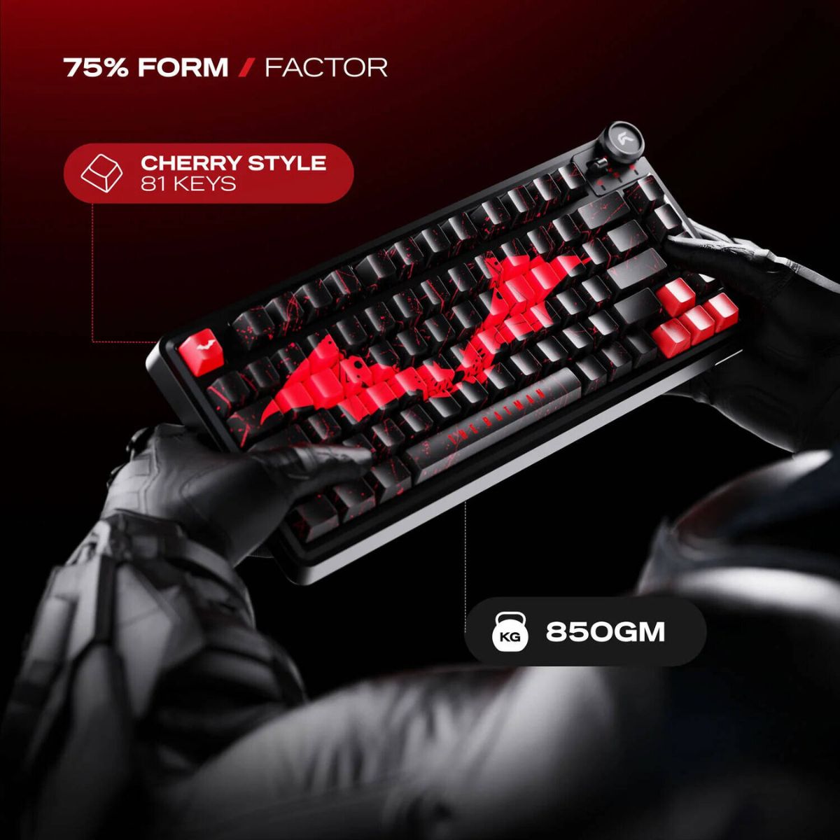 Cybeart Nighthawk 75 Signature Edition Gaming Keyboard – Tri-Mode, RGB, Hot-Swappable, 75% Layout (Batman / Black-Red-Gray / White)